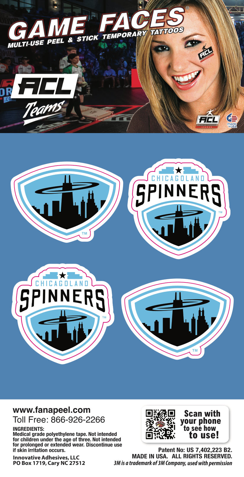 Chicagoland Spinners - Waterless Peel & Stick Temp Tattoos - 4 Pack